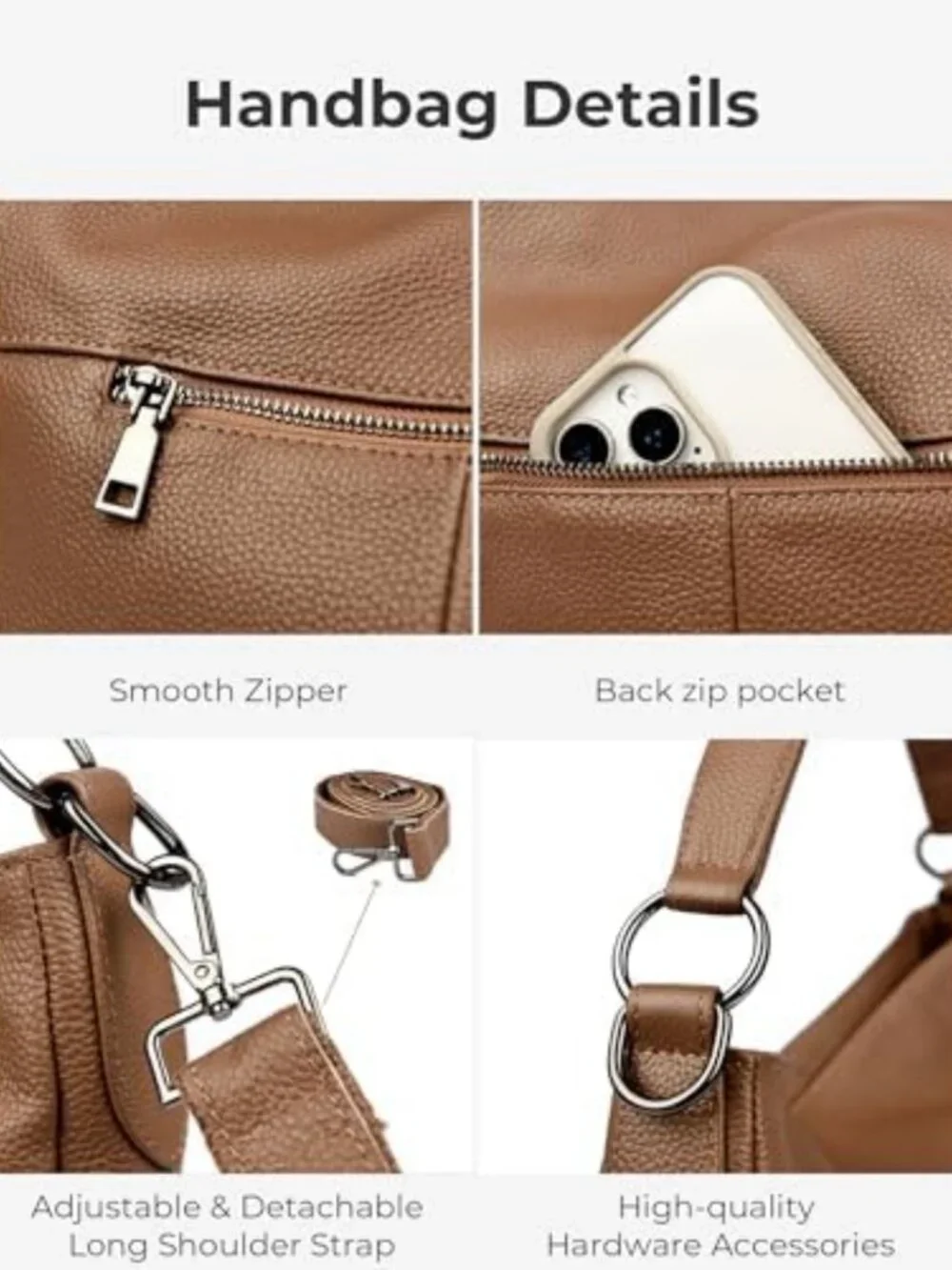 Stylish Genuine Leather Hobo Bag for Women, Large Tote with 2 Straps, Crossbody